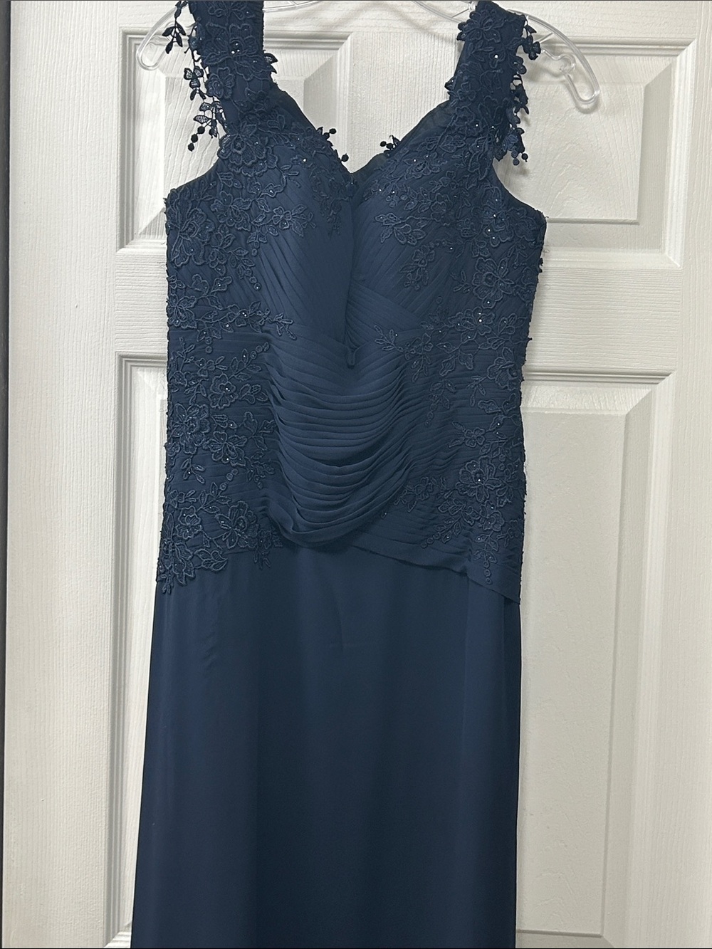 Navy Lace Appliqué Maxi Dress with Ruched Bodice